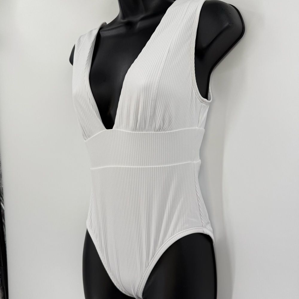 Andie White Ribbed Plunge One-Piece Swimsuit